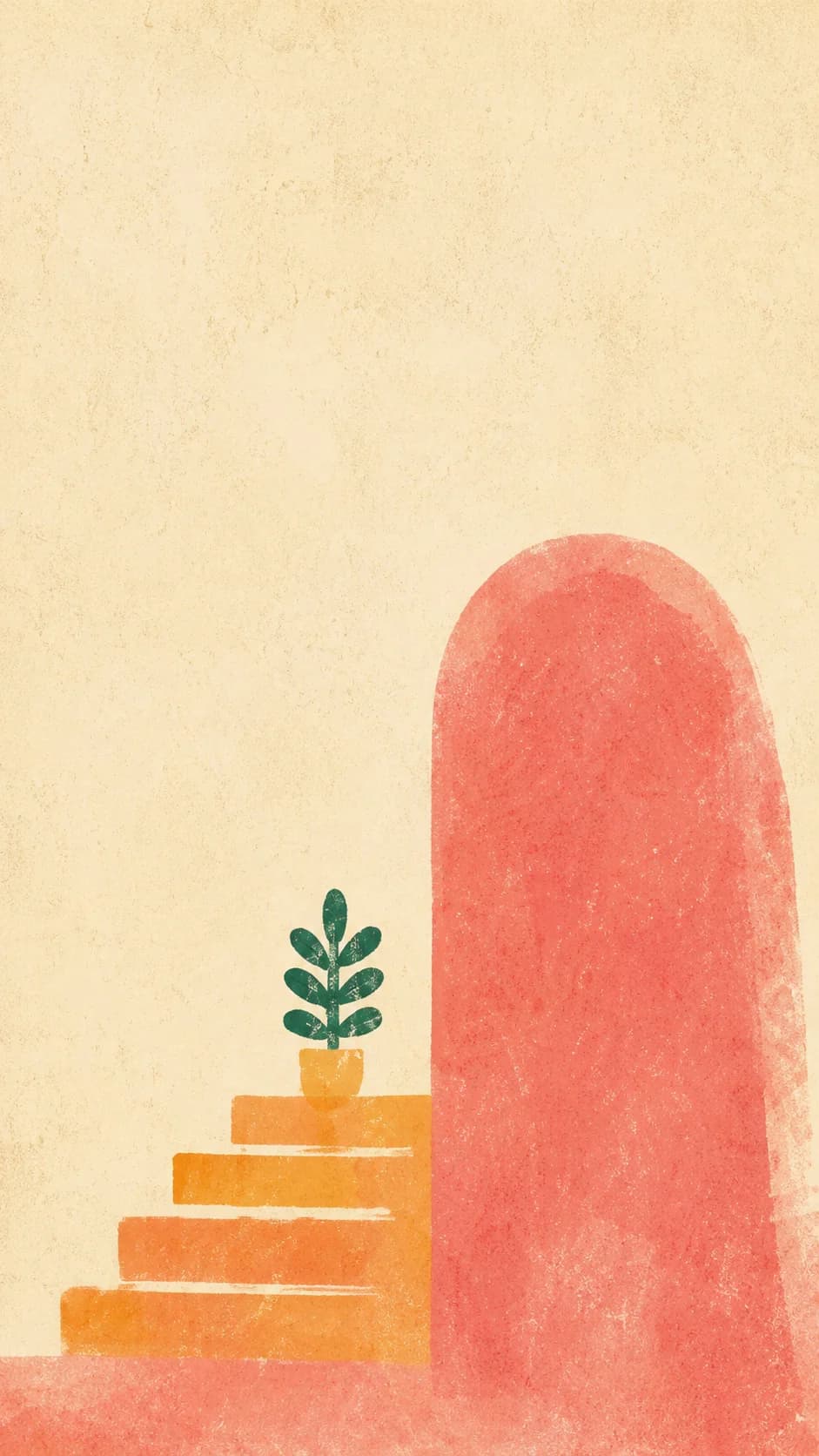 Painterly poster of orange stairs climbing past a potted plant beside a soft pink arch.
