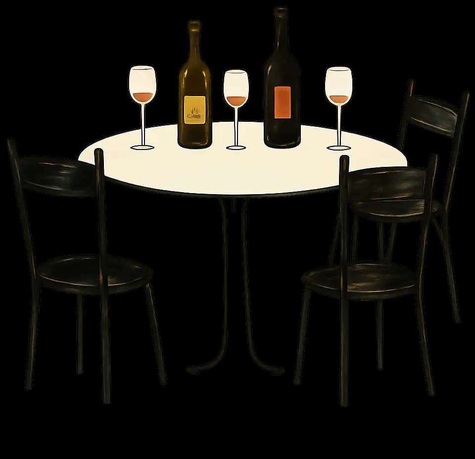 Illustrated round bistro table with wine bottles and glasses, ringed by black café chairs.