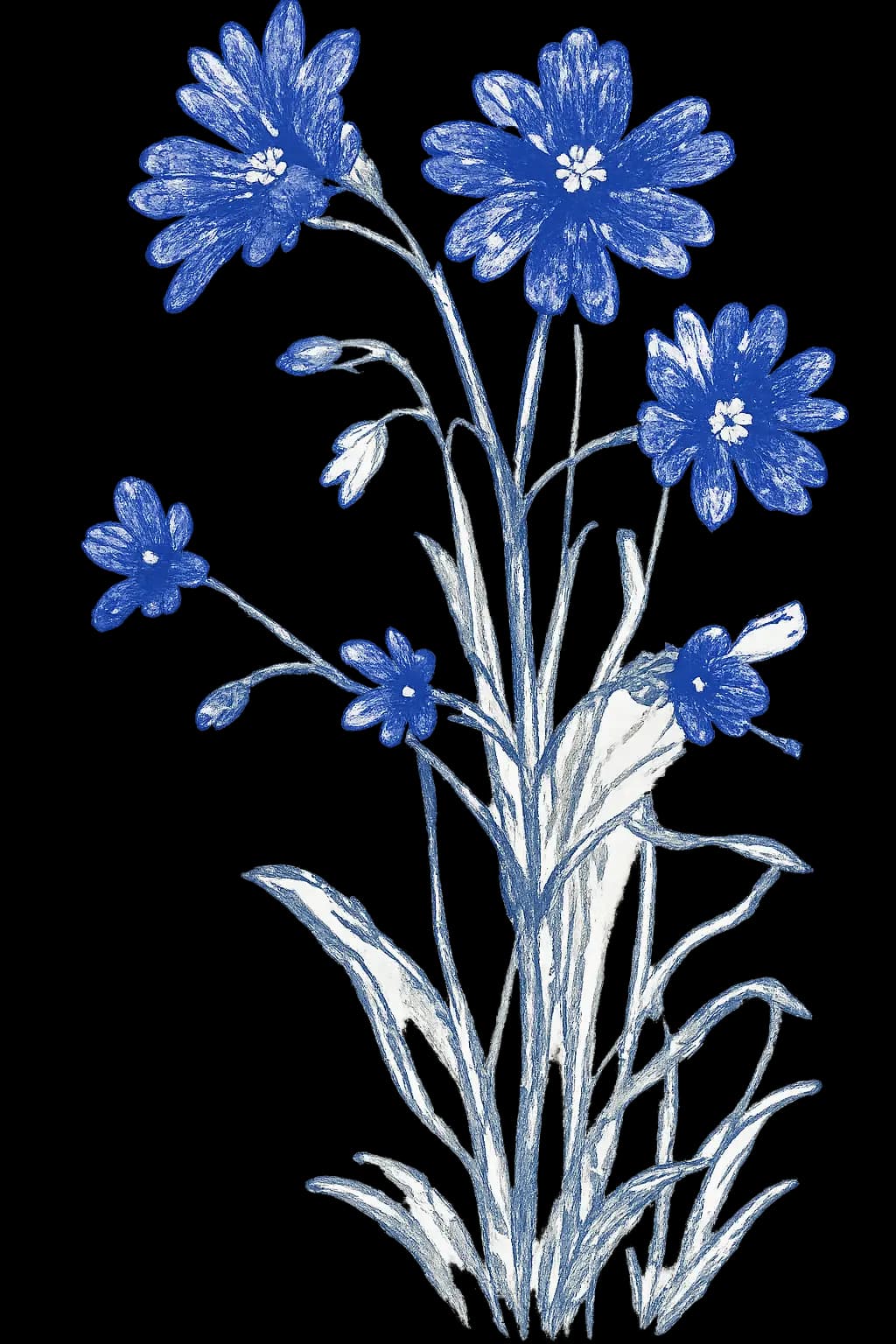 Hand-drawn pressed blue wildflowers with inked petals and soft graphite leaves.