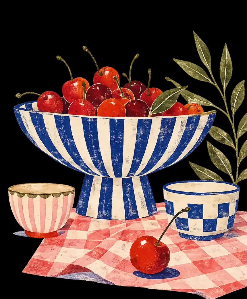 Still life of cherries piled in a blue-striped pedestal bowl beside smaller bowls on a gingham cloth.