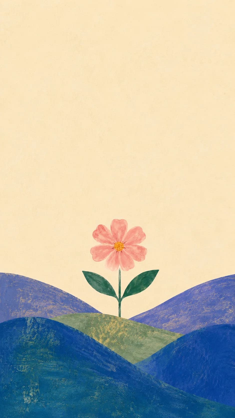 Painterly poster of a single pink flower growing up between two rolling blue hills.