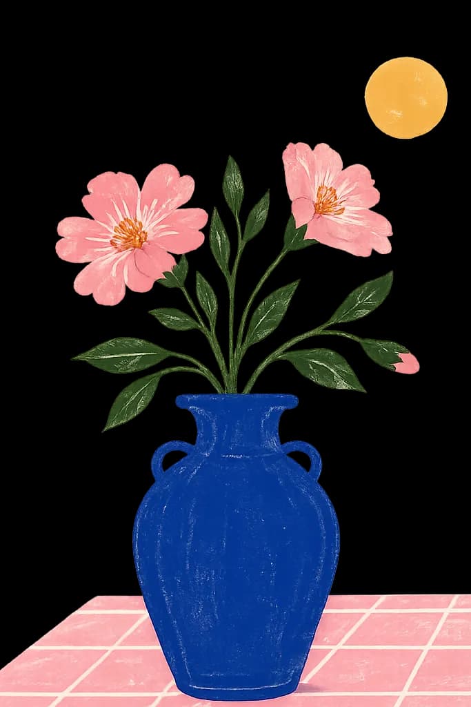 Painterly poster of pink flowers in a cobalt blue vase on a pink tiled table under a small golden sun.