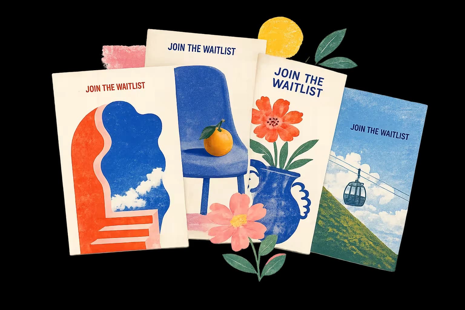 A fanned collection of illustrated waitlist template cards