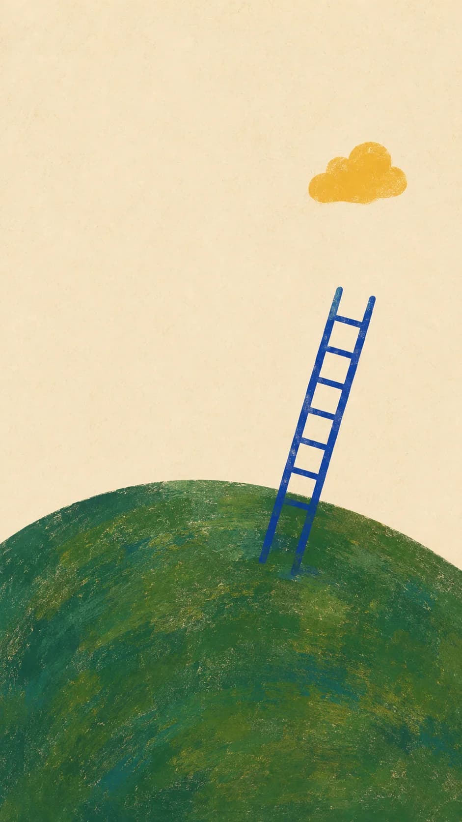 Painterly poster of a blue ladder leaning against a green hill beneath a small yellow cloud.