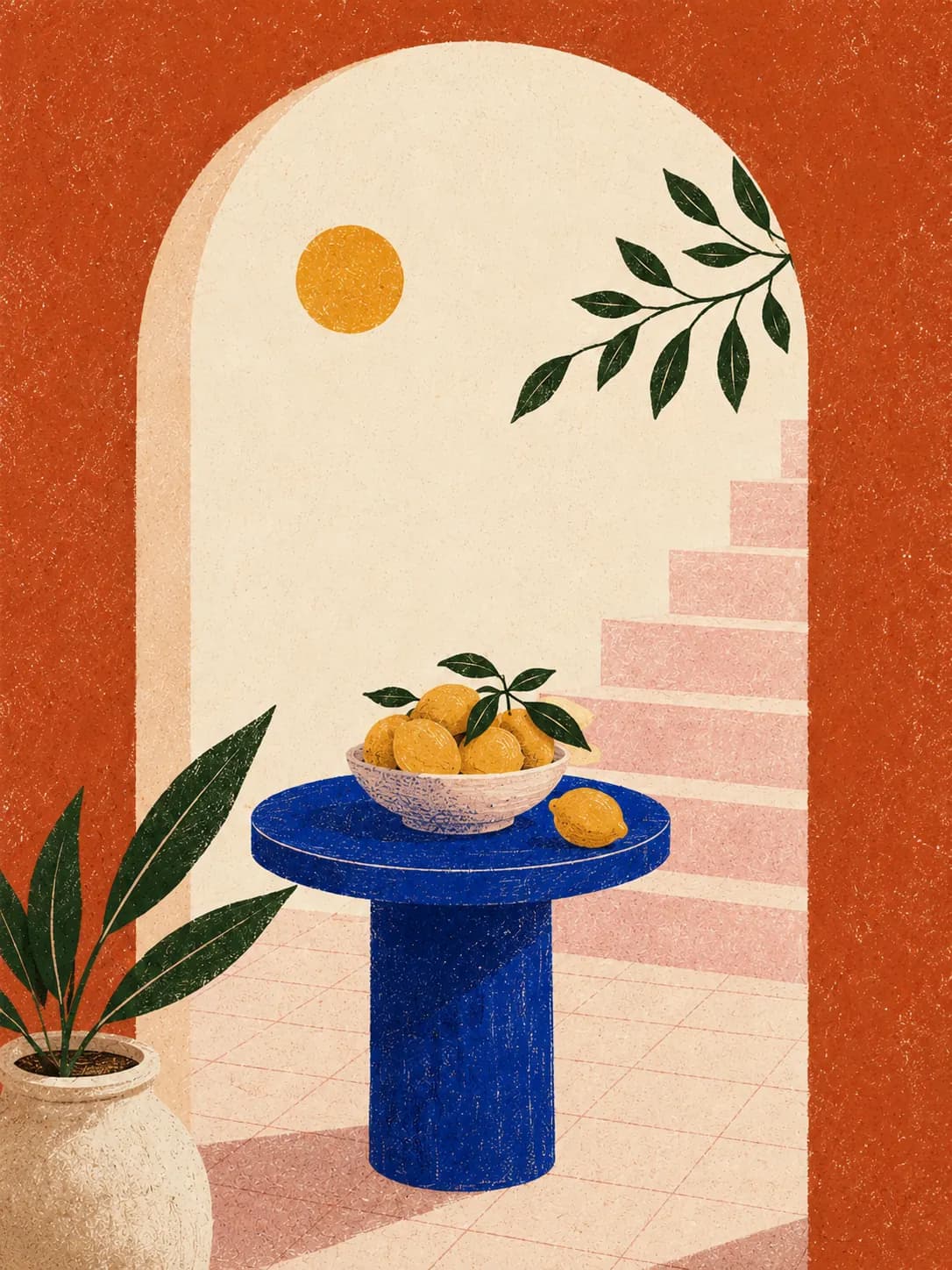 Painterly poster of a bowl of lemons on a blue pedestal table in a sunlit archway with pink stairs.