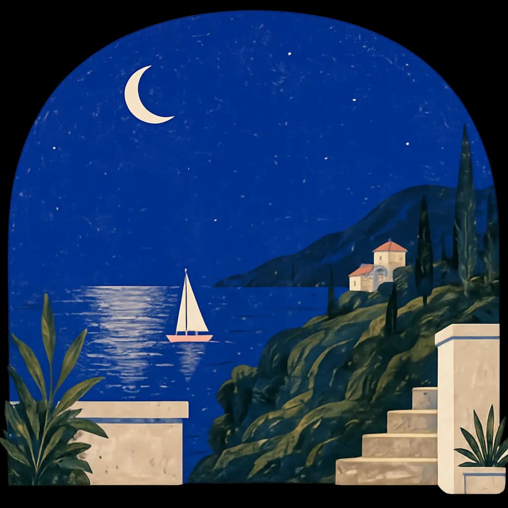 Arched night scene of a sailboat on a moonlit cove below a hillside village, framed by a stone terrace.
