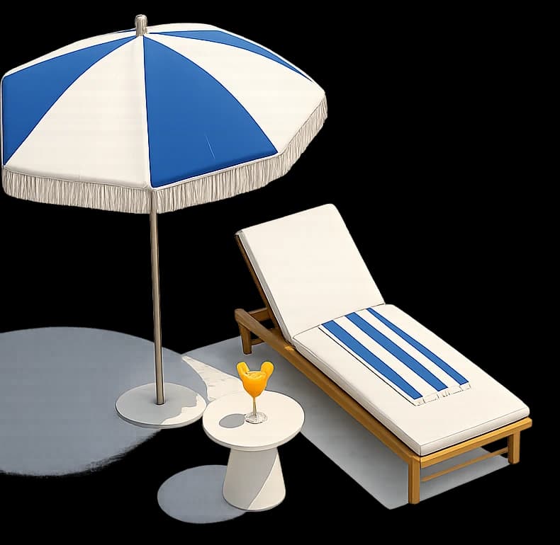 Illustrated poolside set — a blue-and-white fringed umbrella over a wooden lounger with a striped cushion and a side table with an orange drink.