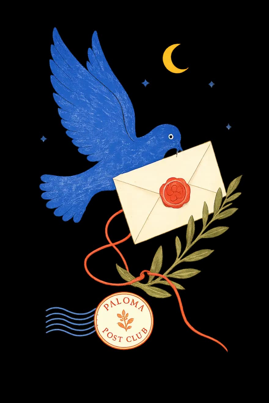 Royal blue dove carrying a sealed envelope, with an olive sprig, crescent moon, and postal stamps.