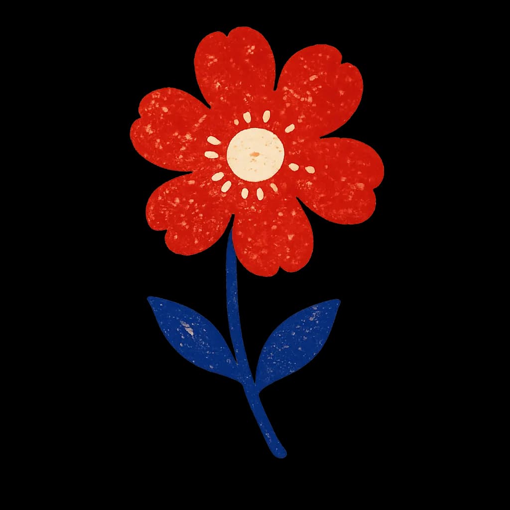 Retro stamp-style red flower with a cream center and blue leaves.