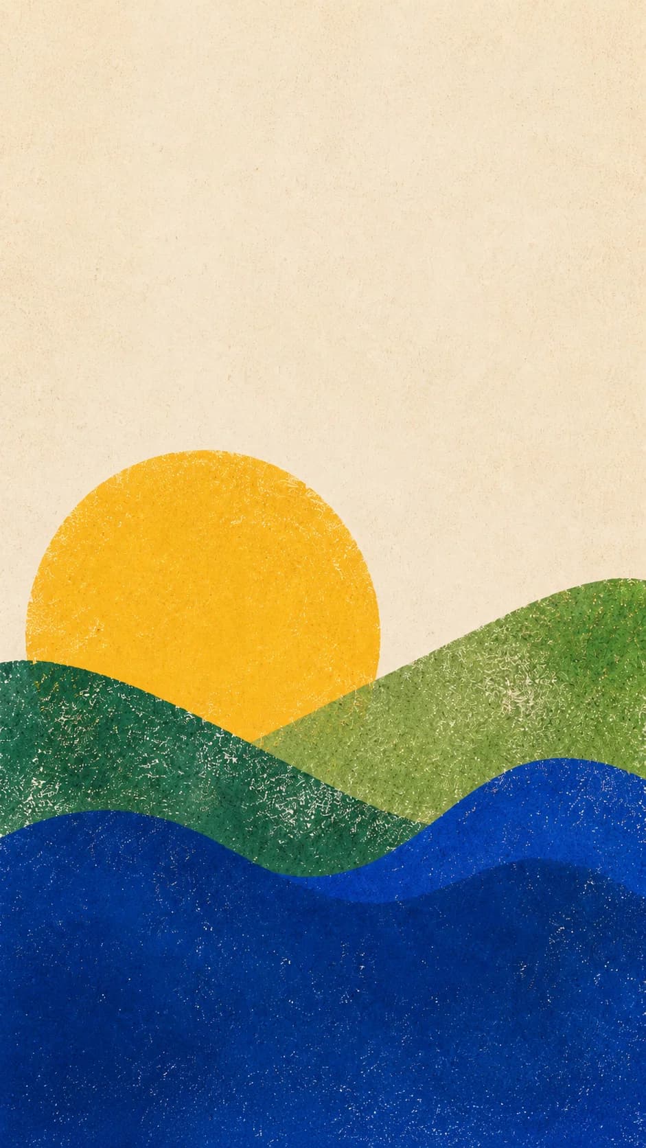 Painterly poster of a yellow sun rising over layered green and blue waves.