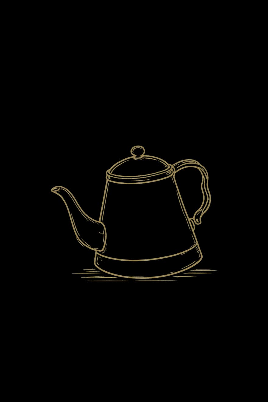 Hand-drawn cream line art of a vintage enamel teapot with a curved spout.
